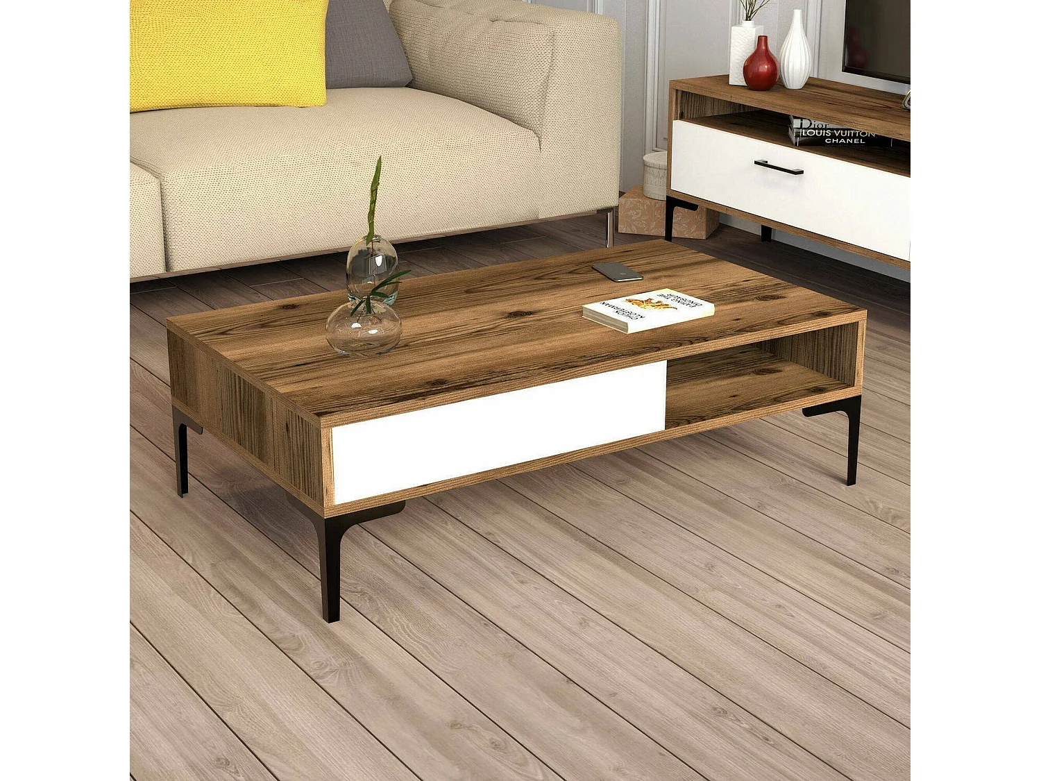 Wohnzimmertisch Djagiell, Niedriger Wohnzimmertisch, Kaffeeregal, Couchtisch für Sofa, 105x60h33 cm, Walnuss und WeiÃŸ
