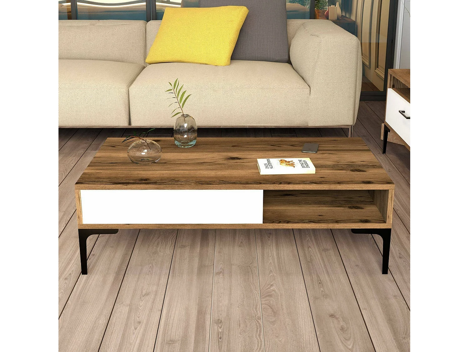 Wohnzimmertisch Djagiell, Niedriger Wohnzimmertisch, Kaffeeregal, Couchtisch für Sofa, 105x60h33 cm, Walnuss und WeiÃŸ