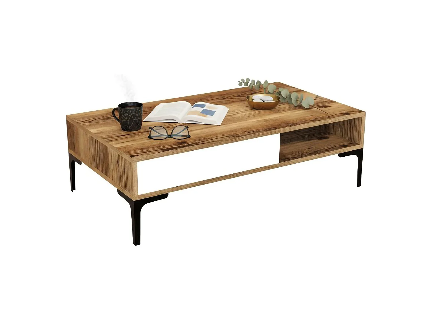 Table basse Diadem, Table basse, Porte-revues pour canapé, Etagère de salon, 105x60h33 cm, Noyer et Blanc
