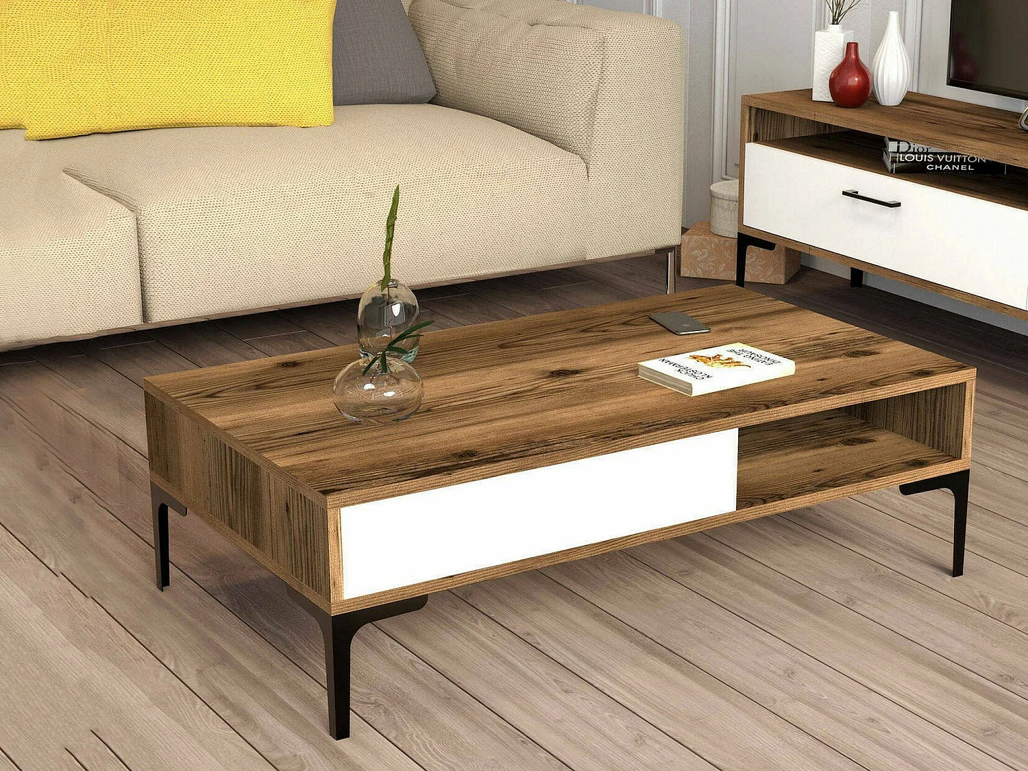 Table basse Diadem, Table basse, Porte-revues pour canapé, Etagère de salon, 105x60h33 cm, Noyer et Blanc