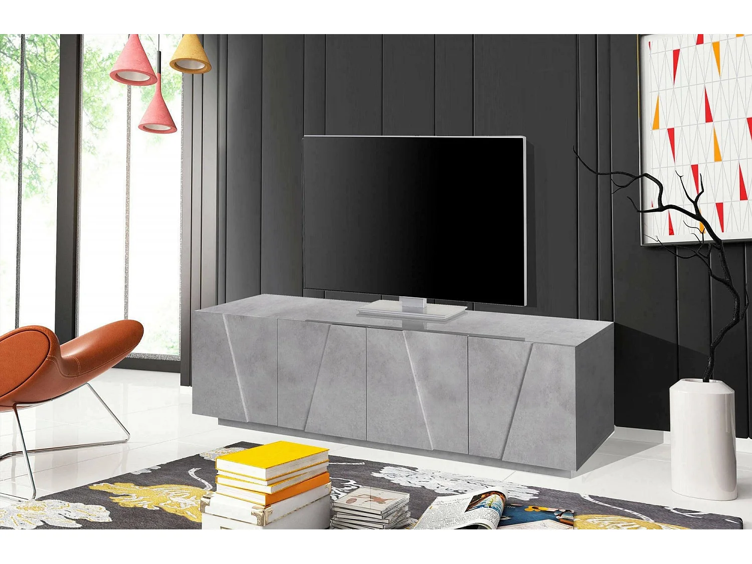 Mueble TV Raul, Aparador bajo de salón, Base para mueble de televisión, 100% Made in Italy, 162x44h46 cm, Cemento