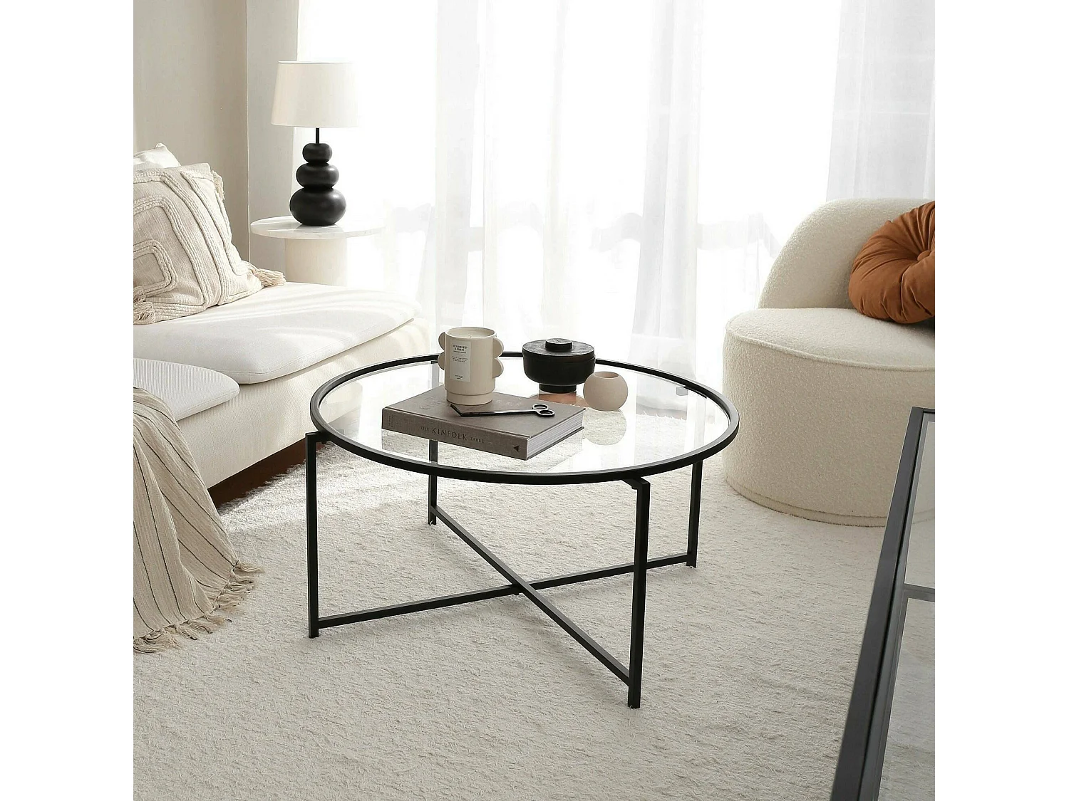 Table basse Ecaterina, forme rectangulaire, 83x82x40h cm noir, plateau en verre, tablette transparente