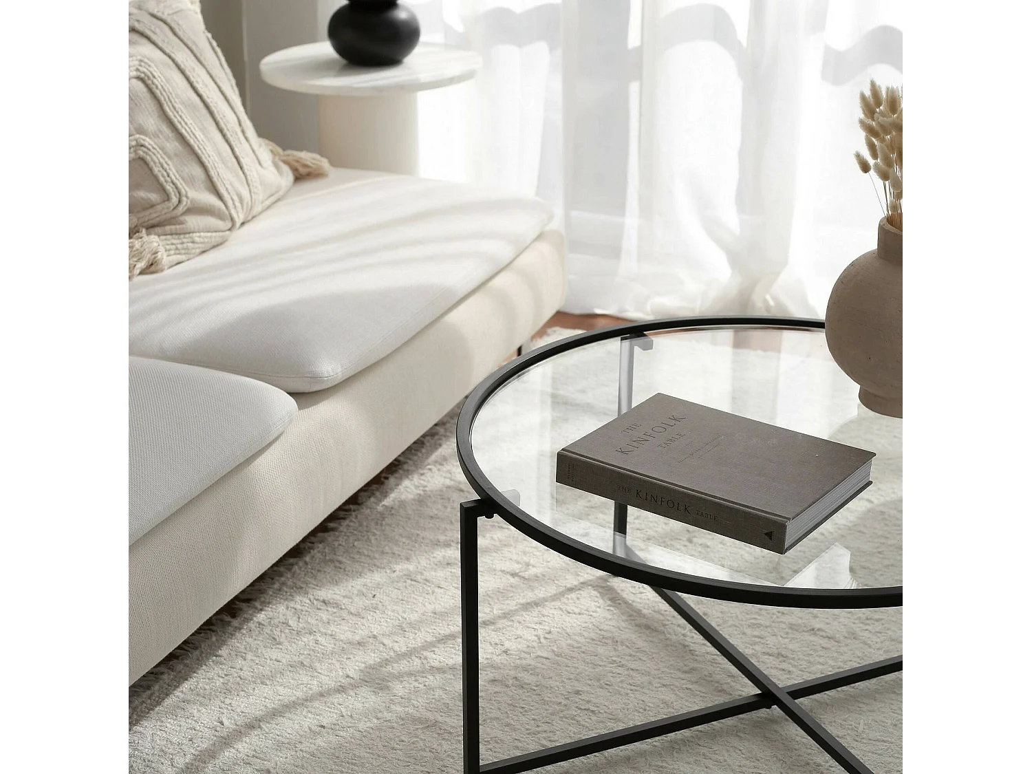 Table basse Ecaterina, forme rectangulaire, 83x82x40h cm noir, plateau en verre, tablette transparente
