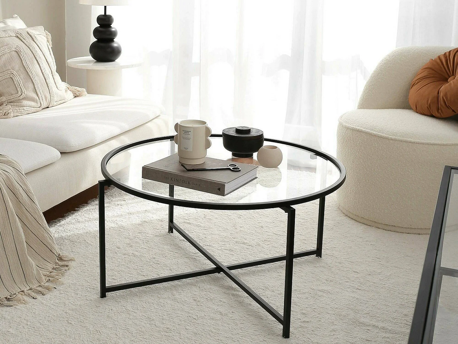 Table basse Ecaterina, forme rectangulaire, 83x82x40h cm noir, plateau en verre, tablette transparente