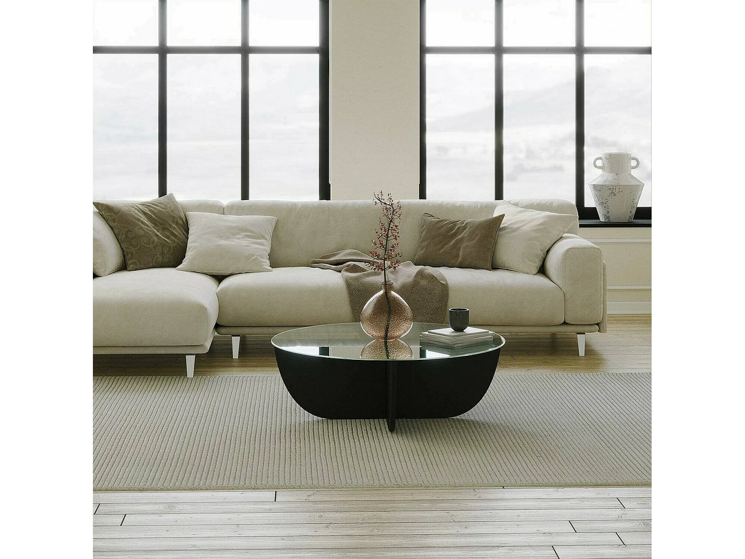 Table basse Jolanda, forme ronde, 90x90x30h cm noir, plateau en verre, plateau transparent