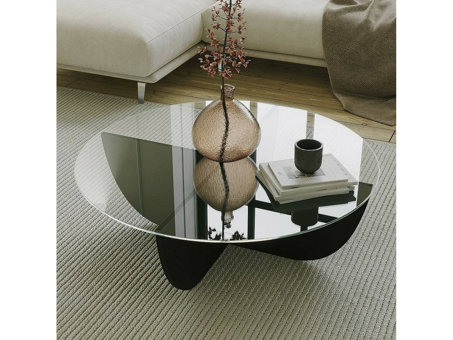 Table basse Jolanda, forme ronde, 90x90x30h cm noir, plateau en verre, plateau transparent