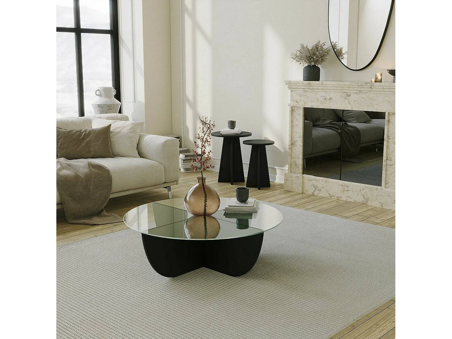 Table basse Jolanda, forme ronde, 90x90x30h cm noir, plateau en verre, plateau transparent