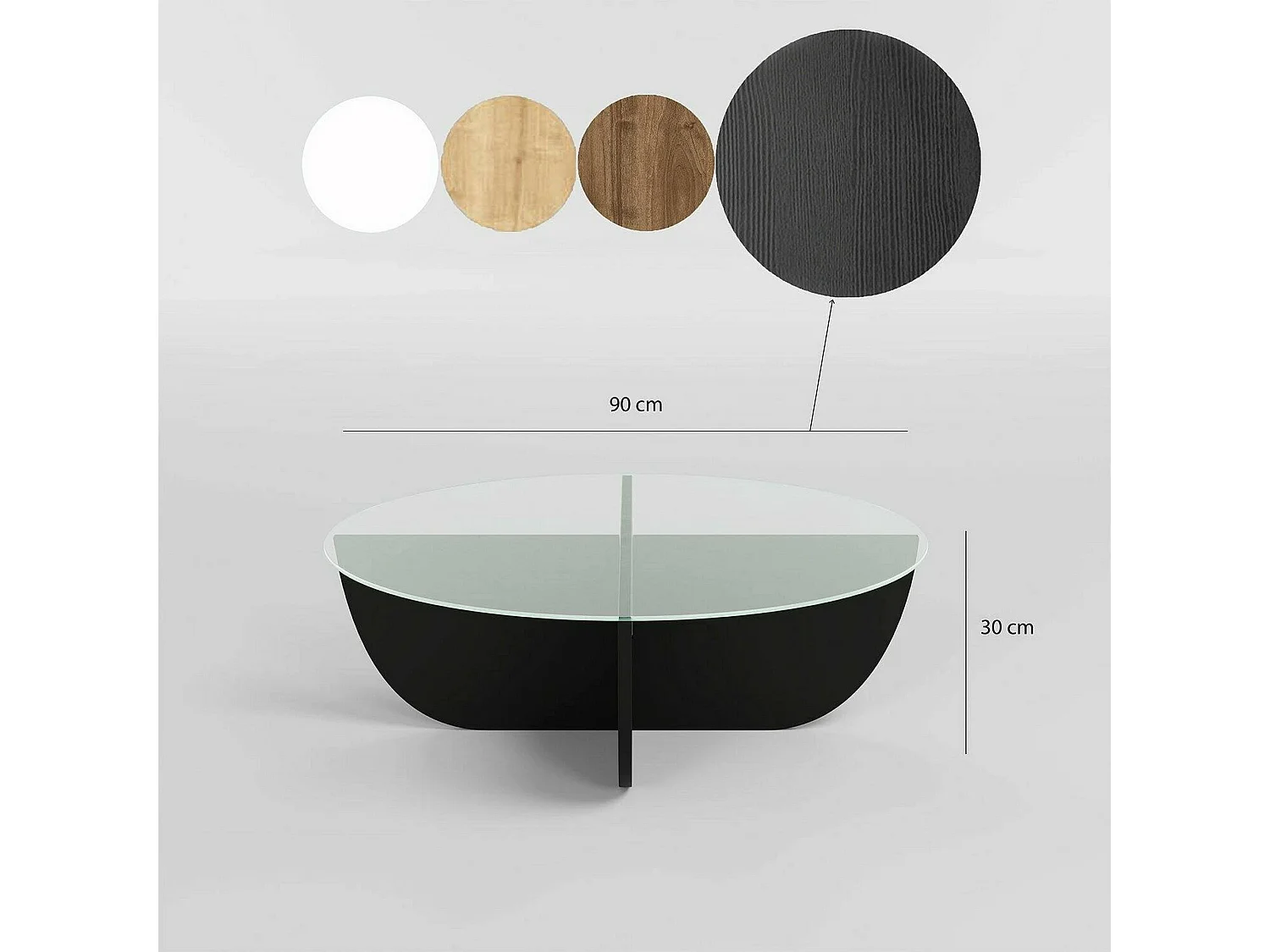 Table basse Jolanda, forme ronde, 90x90x30h cm noir, plateau en verre, plateau transparent