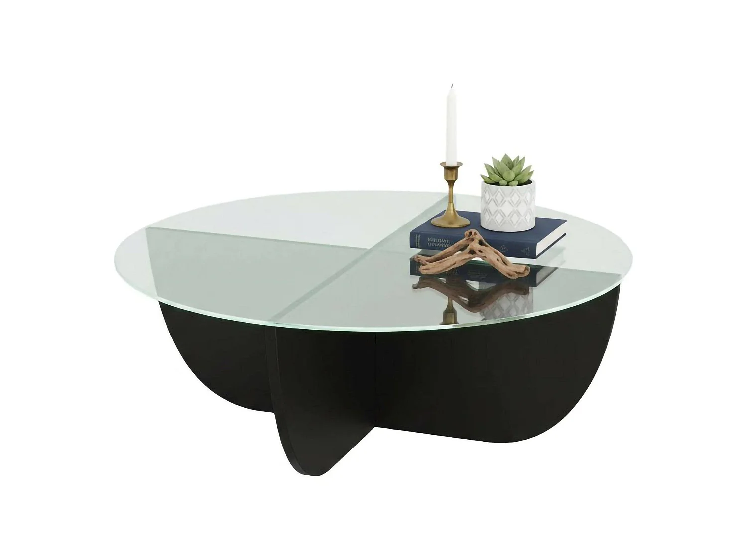 Table basse Jolanda, forme ronde, 90x90x30h cm noir, plateau en verre, plateau transparent