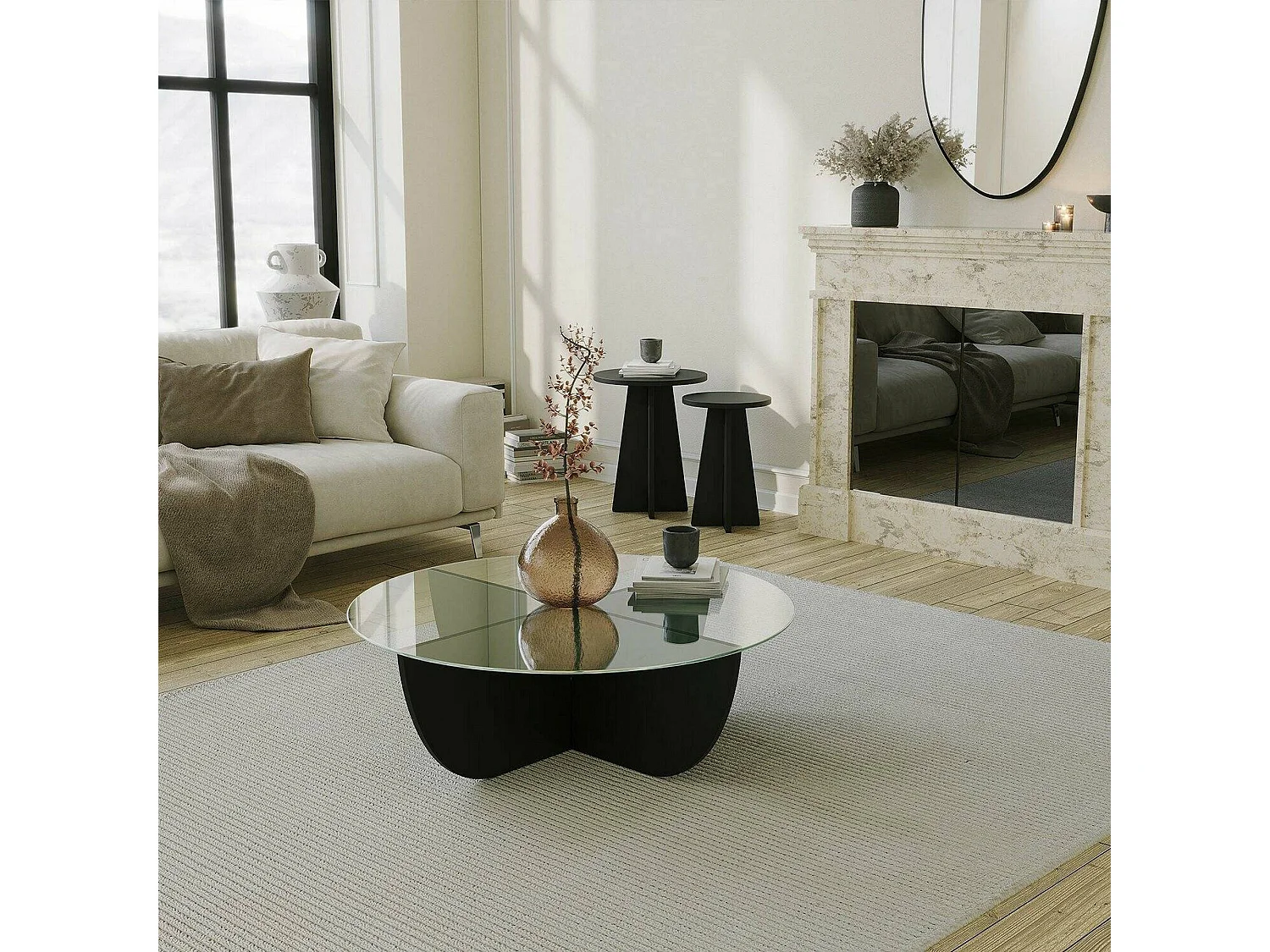 Table basse Jolanda, forme ronde, 90x90x30h cm noir, plateau en verre, plateau transparent