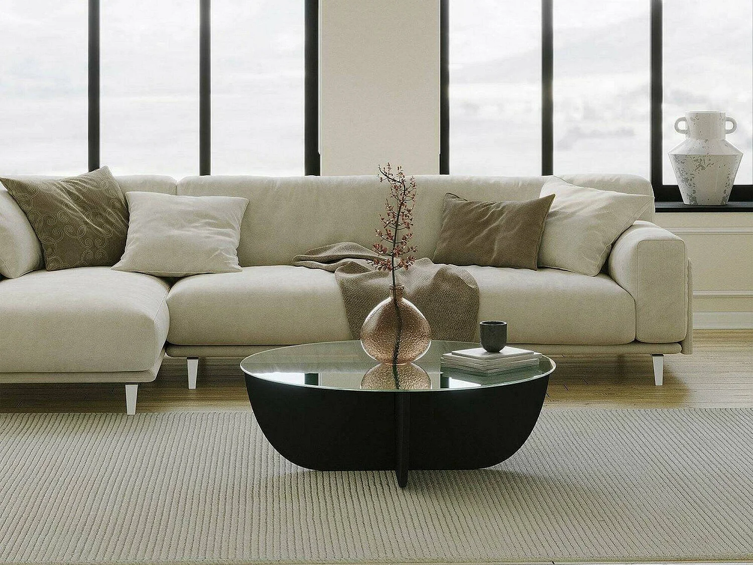 Table basse Jolanda, forme ronde, 90x90x30h cm noir, plateau en verre, plateau transparent