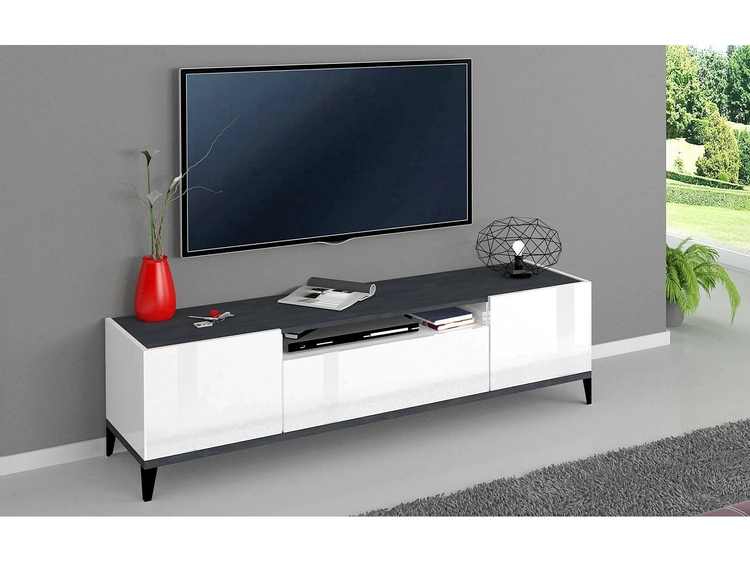 TV-Schrank Ivan, niedriges Wohnzimmer-Sideboard mit 2 Türen, Fernsehständer-Basis, 100 % Made in Italy, 160 x 40 x 47 cm, glänzendes WeiÃŸ und Schiefer,