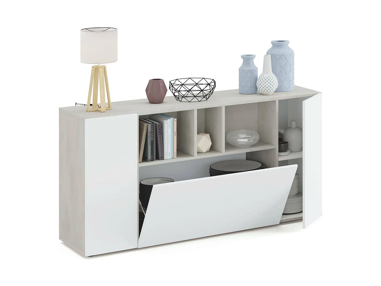 Buffet Dlop, Buffet de salon avec compartiments, Buffet de salon, Meuble TV, Armoire moderne avec 3 portes, 150x41h76 cm, Blanc et Ciment