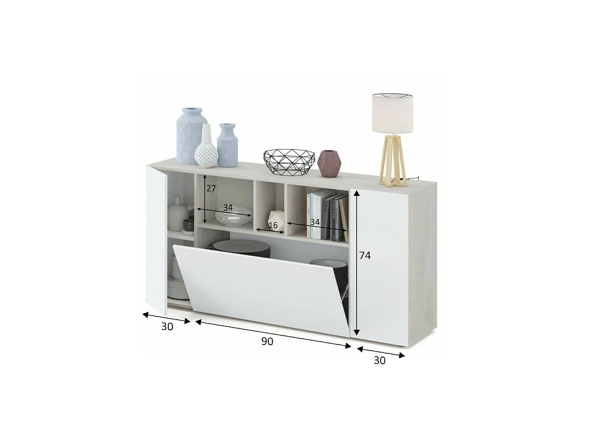 Buffet Dlop, Buffet de salon avec compartiments, Buffet de salon, Meuble TV, Armoire moderne avec 3 portes, 150x41h76 cm, Blanc et Ciment
