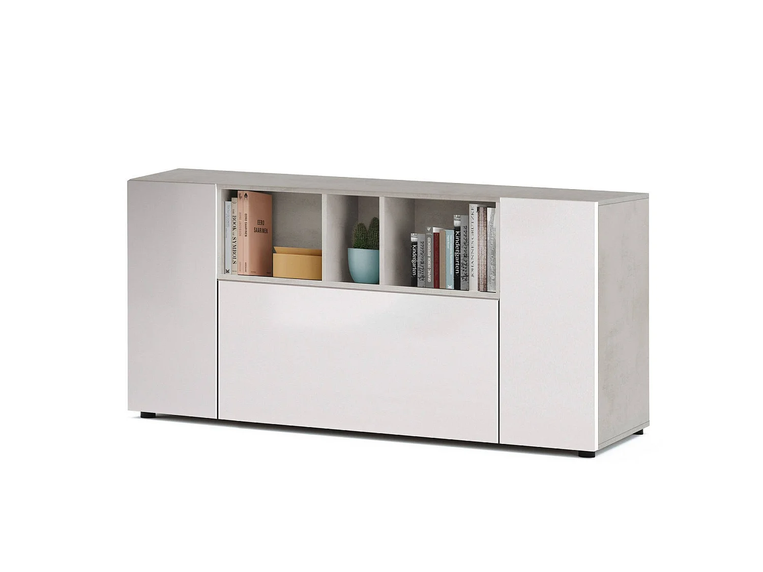 Buffet Dlop, Buffet de salon avec compartiments, Buffet de salon, Meuble TV, Armoire moderne avec 3 portes, 150x41h76 cm, Blanc et Ciment