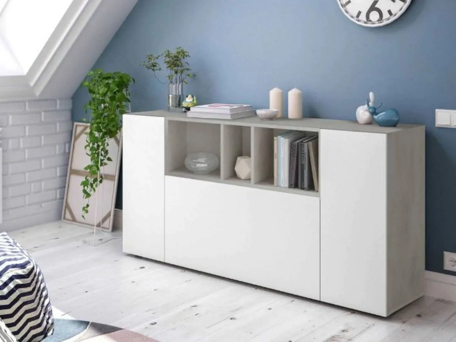 Buffet Dlop, Buffet de salon avec compartiments, Buffet de salon, Meuble TV, Armoire moderne avec 3 portes, 150x41h76 cm, Blanc et Ciment