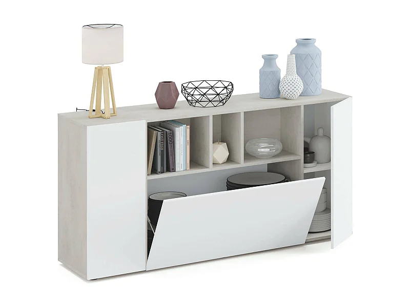 Dlop Dressoir, Modern dressoir met 3 deuren, Woonkamerbuffet met vakken, Woonkamerdressoir, TV-meubel, 150x41h76 cm, Wit en Cement