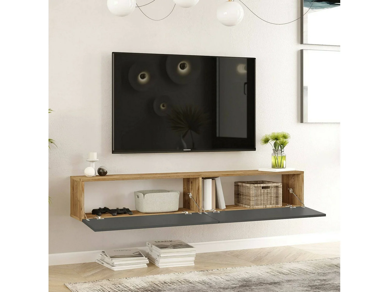 Meuble TV Thebe, Buffet de salon, Armoire basse pour TV, Base murale de rangement, 180x32h30 cm, Chêne et Anthracite