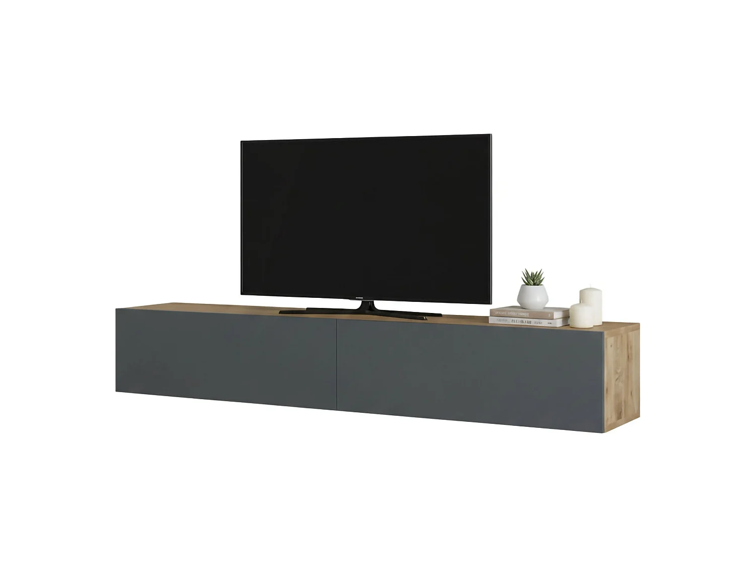 Meuble TV Thebe, Buffet de salon, Armoire basse pour TV, Base murale de rangement, 180x32h30 cm, Chêne et Anthracite