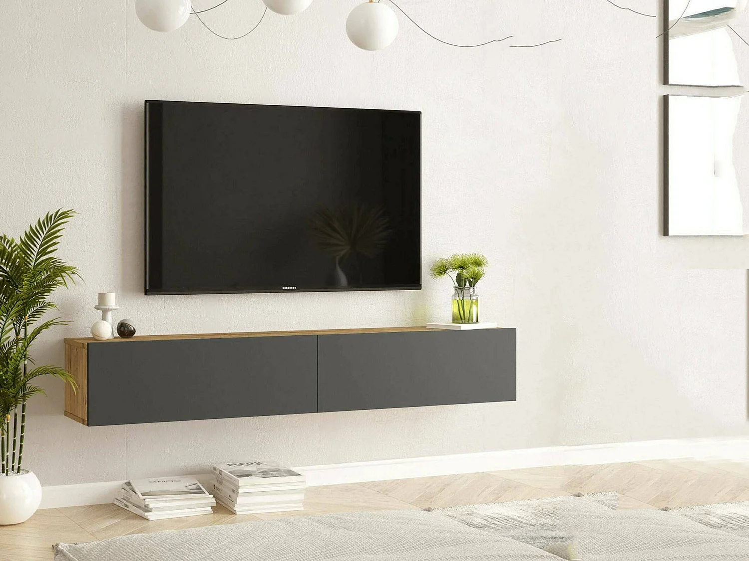 Meuble TV Thebe, Buffet de salon, Armoire basse pour TV, Base murale de rangement, 180x32h30 cm, Chêne et Anthracite