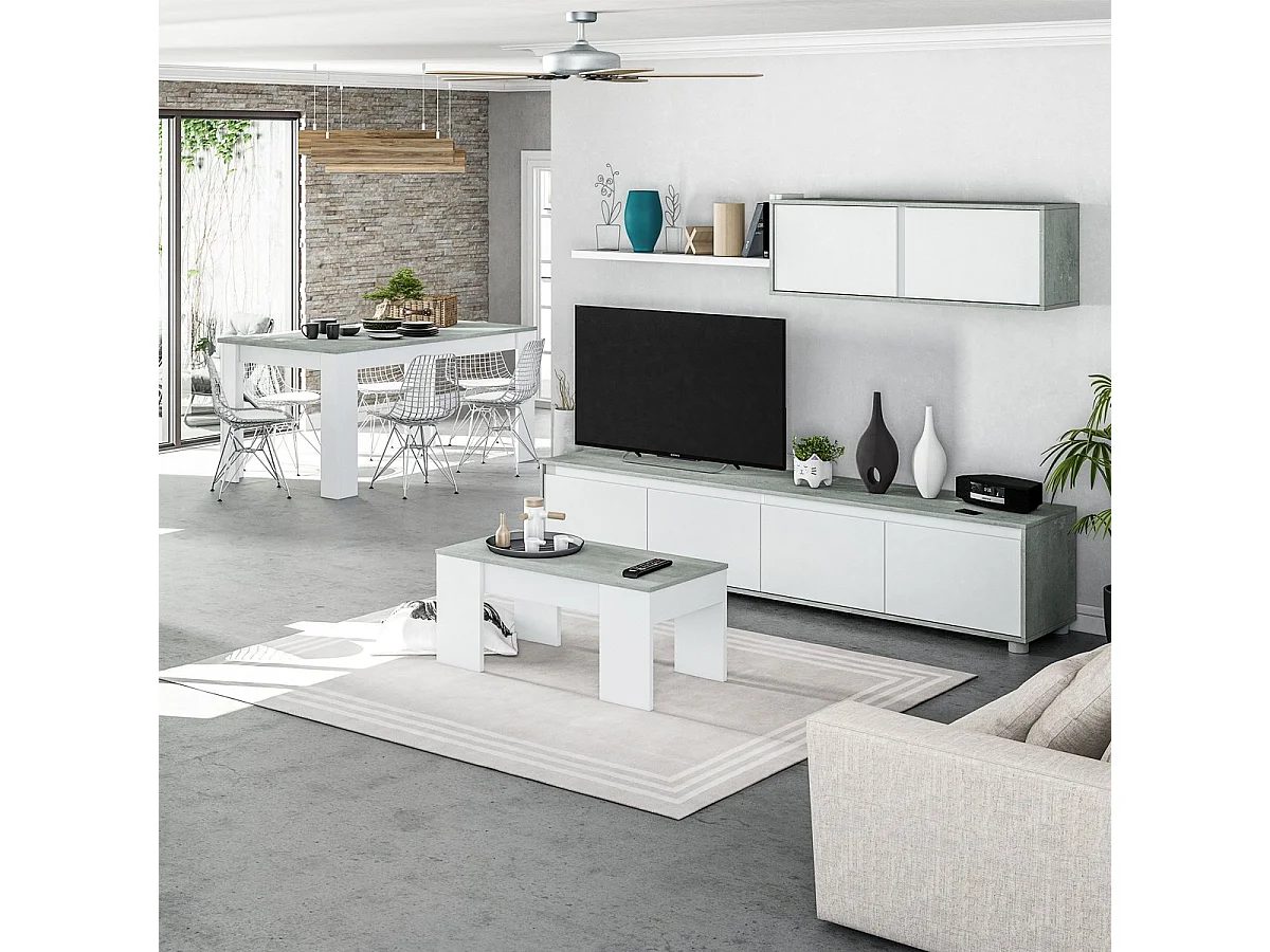 Table basse Oceanside, Table basse avec plateau élévateur, Table basse de salon, 100x50h45/56 cm, Blanc et béton