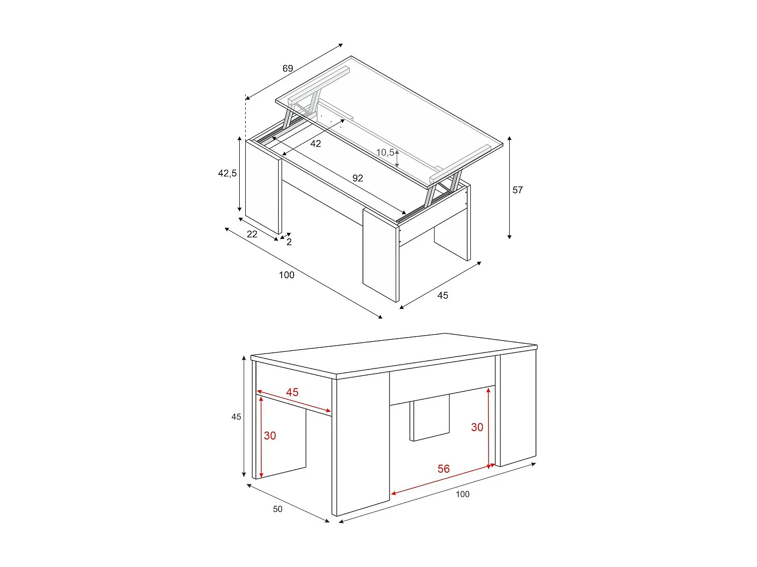 Couchtisch Oceanside, Couchtisch mit hochklappbarer Platte, niedriger Wohnzimmertisch, 100x50h45/56 cm, WeiÃŸ und Beton