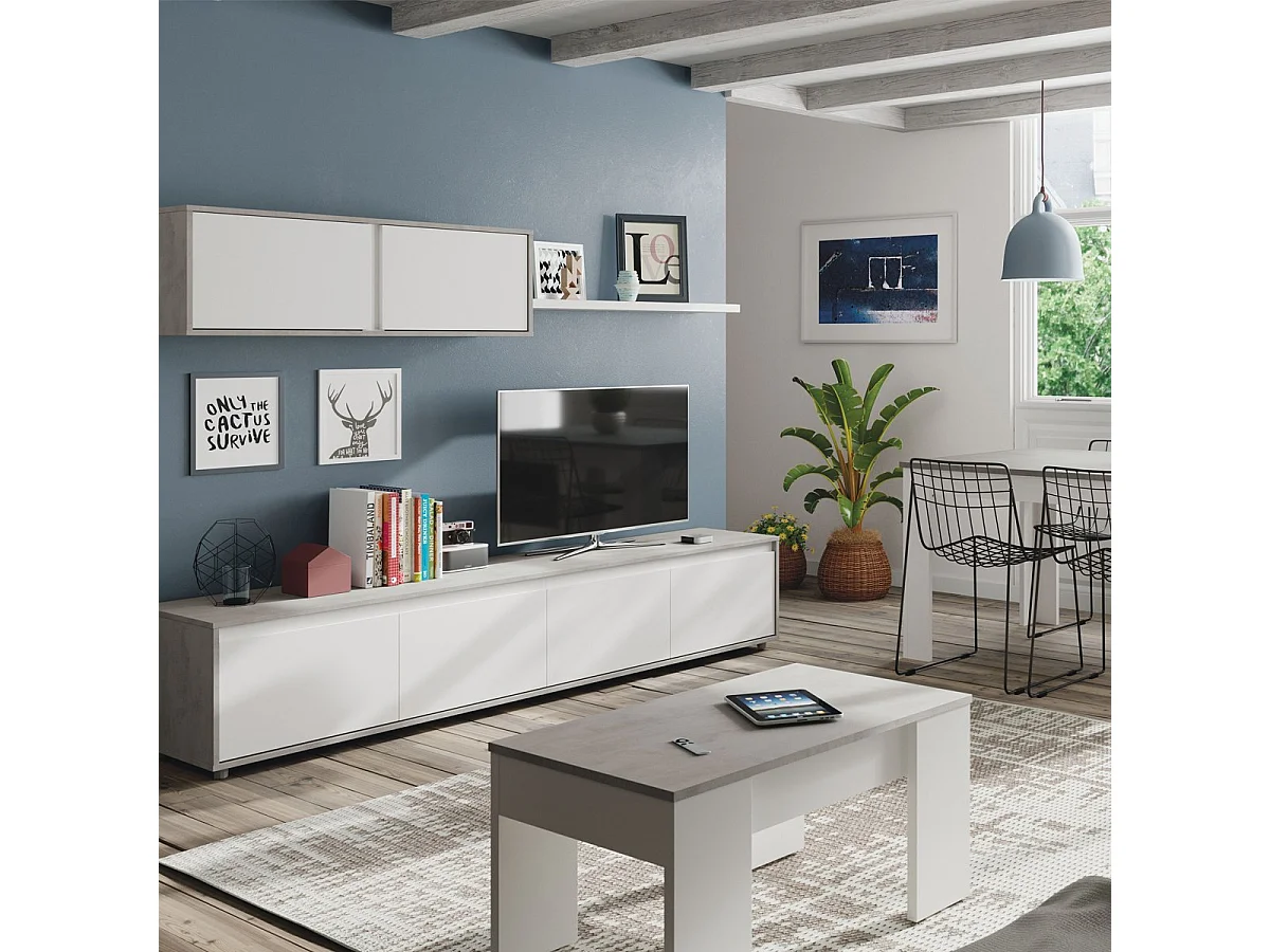 Couchtisch Oceanside, Couchtisch mit hochklappbarer Platte, niedriger Wohnzimmertisch, 100x50h45/56 cm, WeiÃŸ und Beton