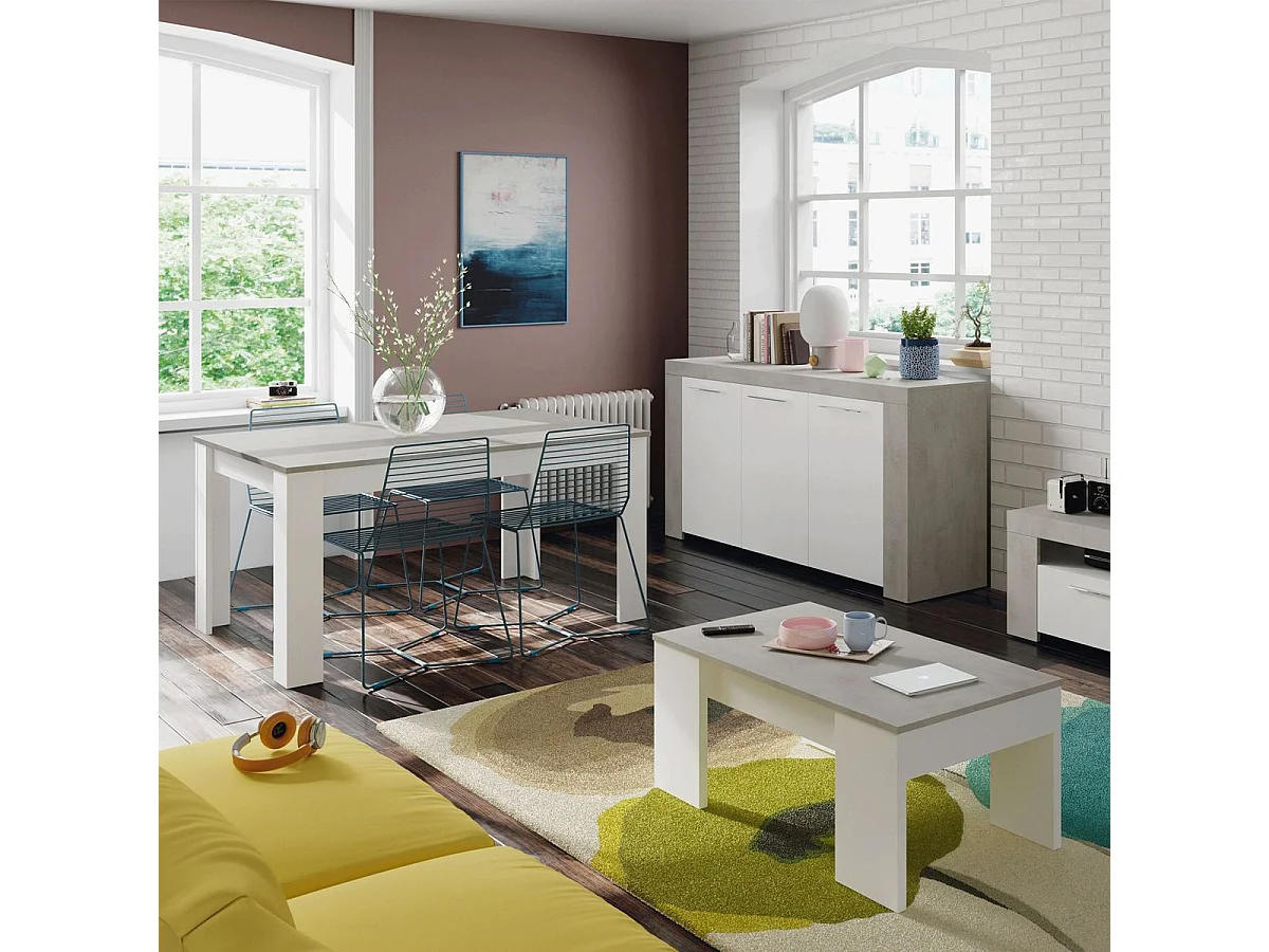 Couchtisch Oceanside, Couchtisch mit hochklappbarer Platte, niedriger Wohnzimmertisch, 100x50h45/56 cm, WeiÃŸ und Beton