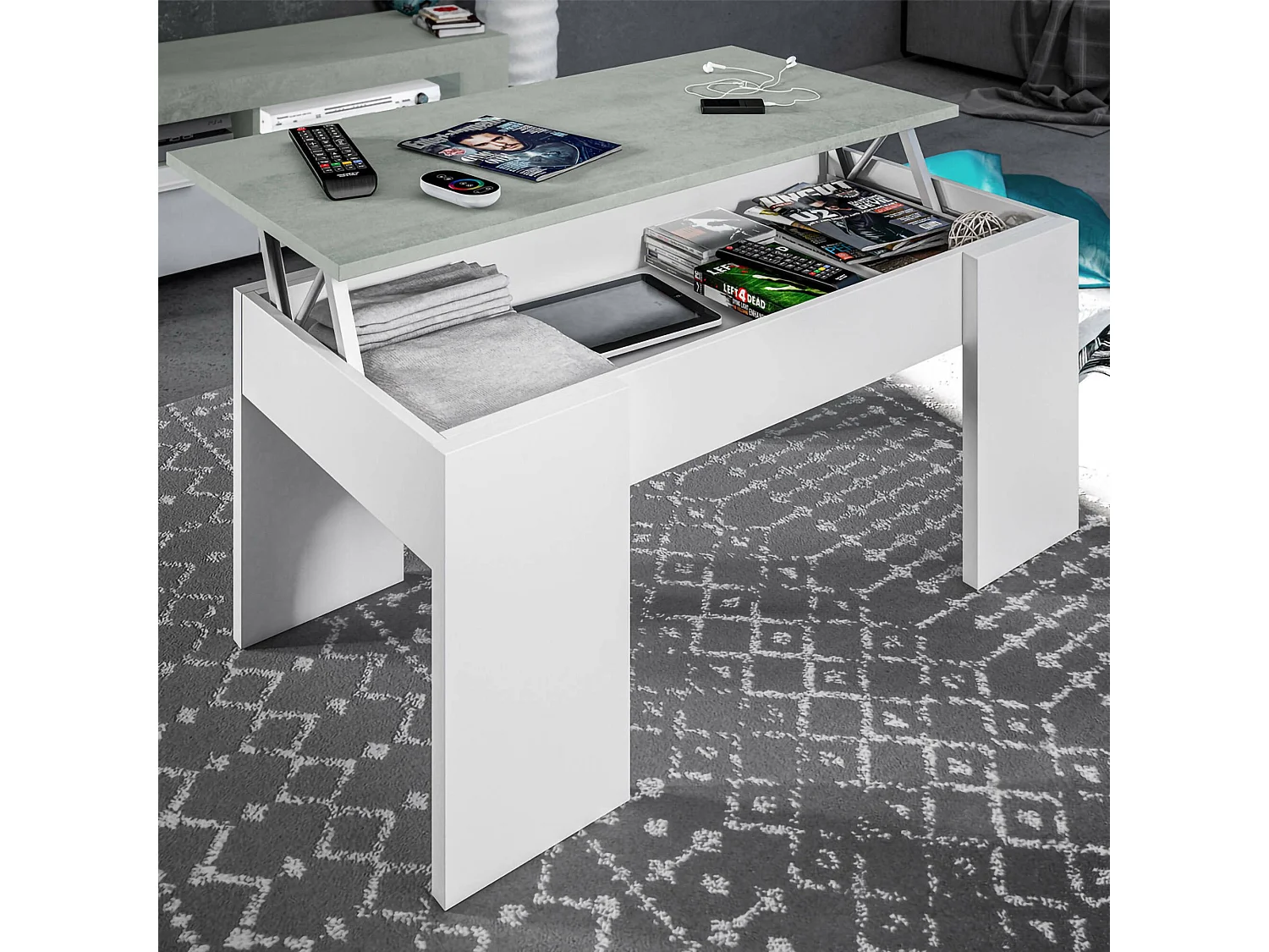 Couchtisch Oceanside, Couchtisch mit hochklappbarer Platte, niedriger Wohnzimmertisch, 100x50h45/56 cm, WeiÃŸ und Beton