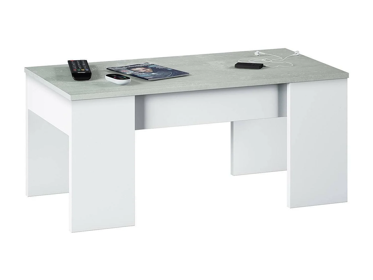 Couchtisch Oceanside, Couchtisch mit hochklappbarer Platte, niedriger Wohnzimmertisch, 100x50h45/56 cm, WeiÃŸ und Beton