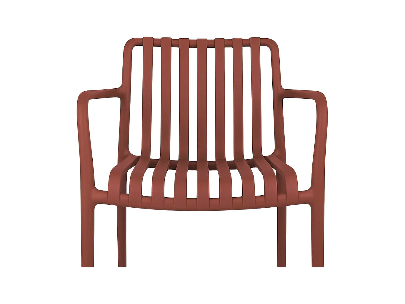 Buitenstoel van baksteenrood kunststof, premium comfort met armleuningen.