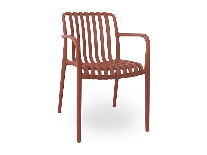 Buitenstoel van baksteenrood kunststof, premium comfort met armleuningen.