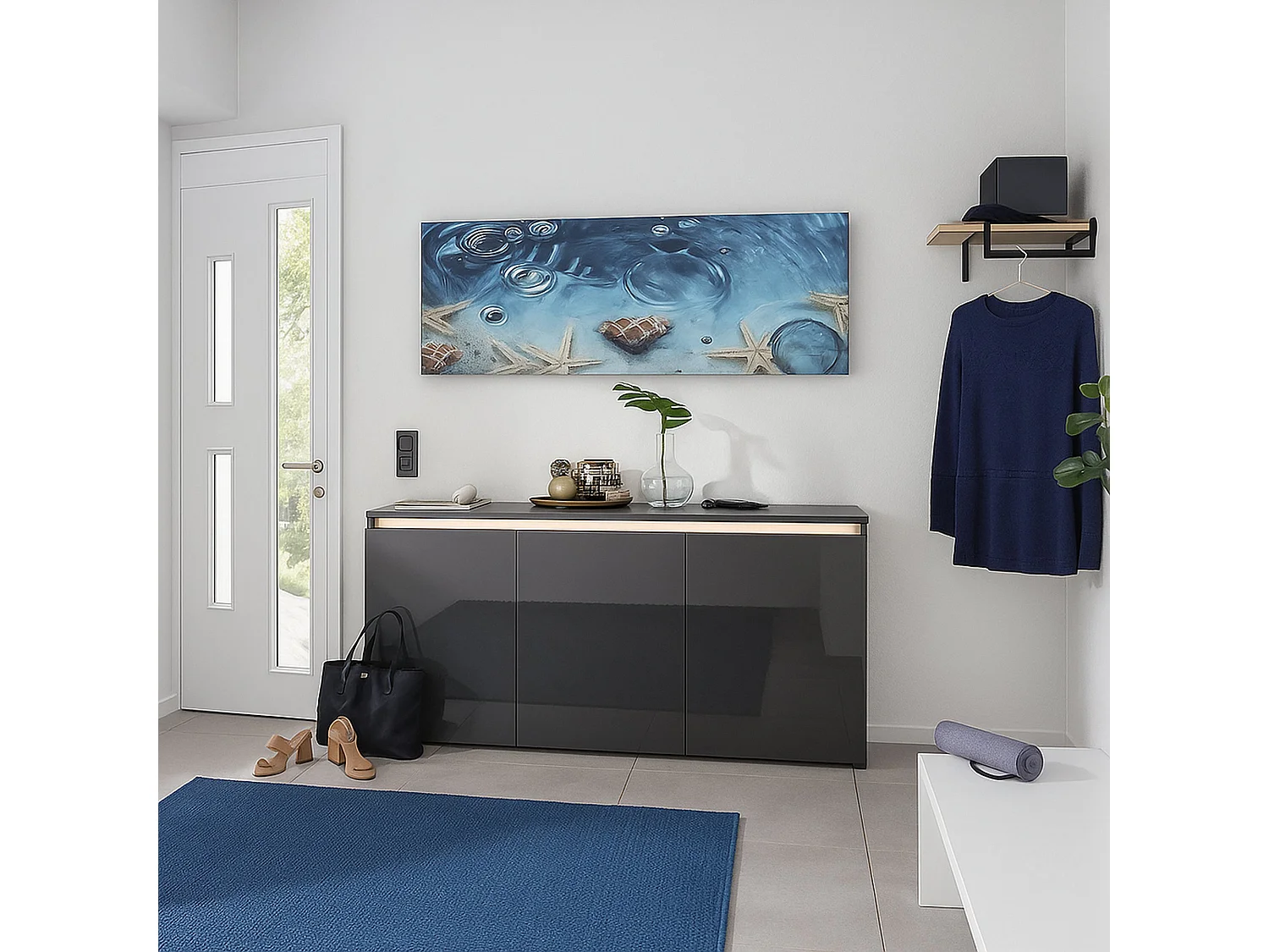 Buffet Dlun, Buffet de cuisine 3 portes, Buffet de salon, 100% Made in Italy, 150x40h81 cm, Anthracite Brillant