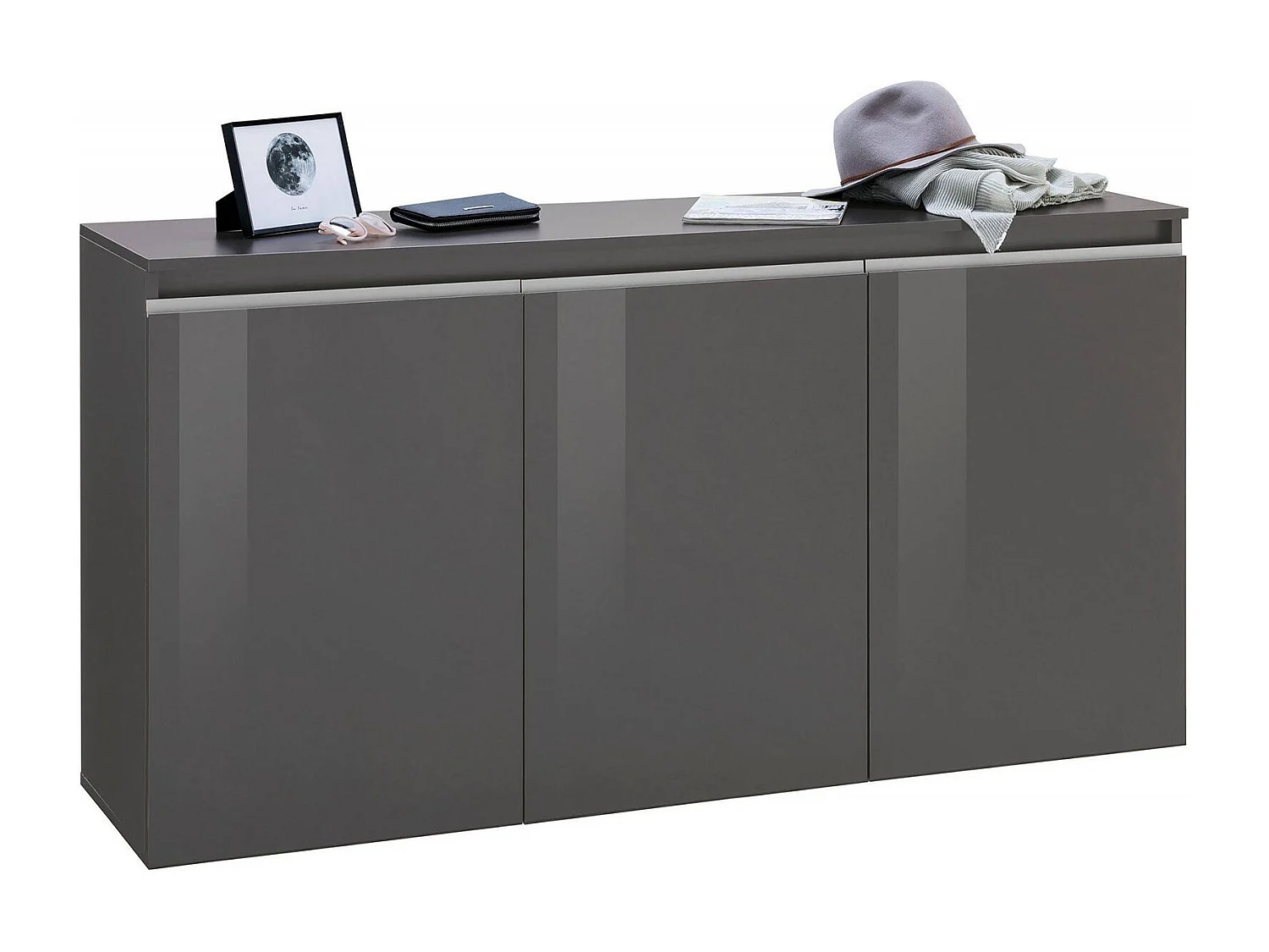 Buffet Dlun, Buffet de cuisine 3 portes, Buffet de salon, 100% Made in Italy, 150x40h81 cm, Anthracite Brillant
