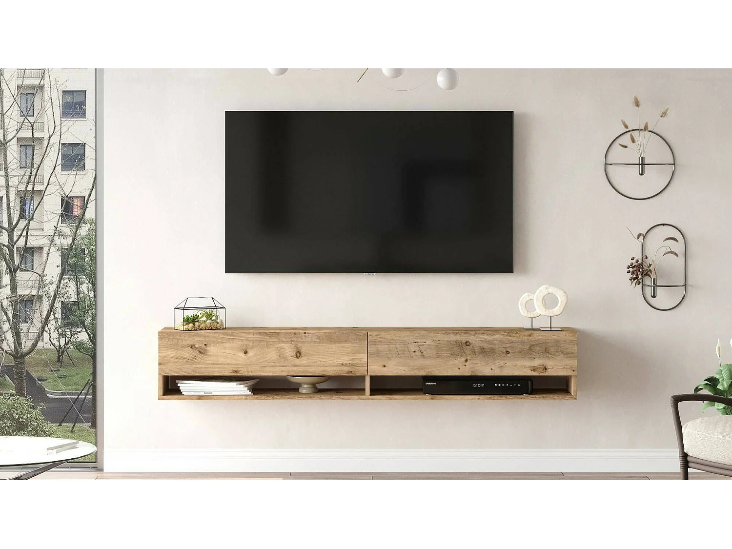 Dkechrid tv-houder,In de woonkamer, lage tv-kast, wandvoet, 180x32h29 cm, Eik