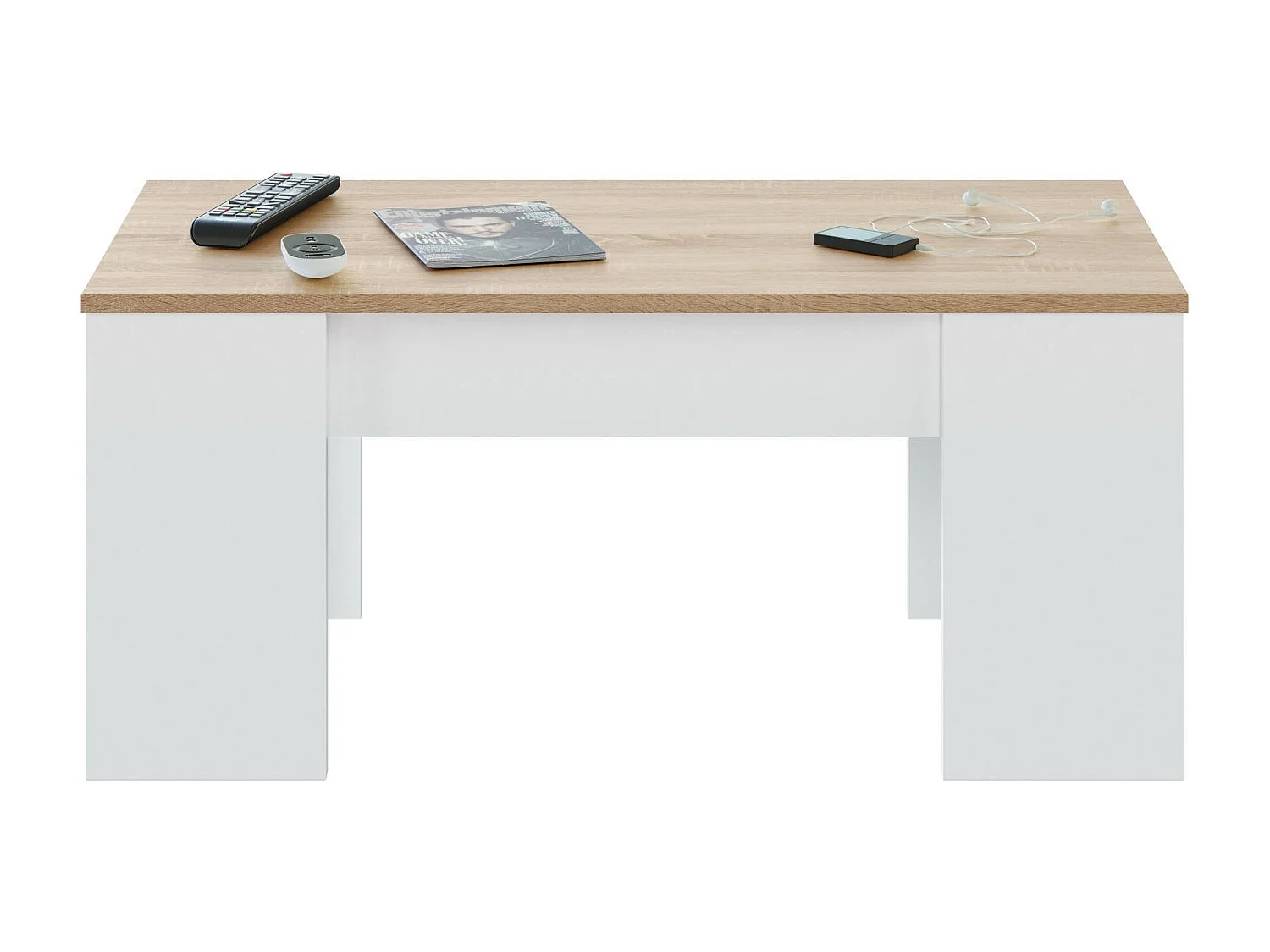 Table basse Oceanside, Table basse avec plateau élévateur, Table basse de salon, 100x50h45/56 cm, Blanc et Chêne