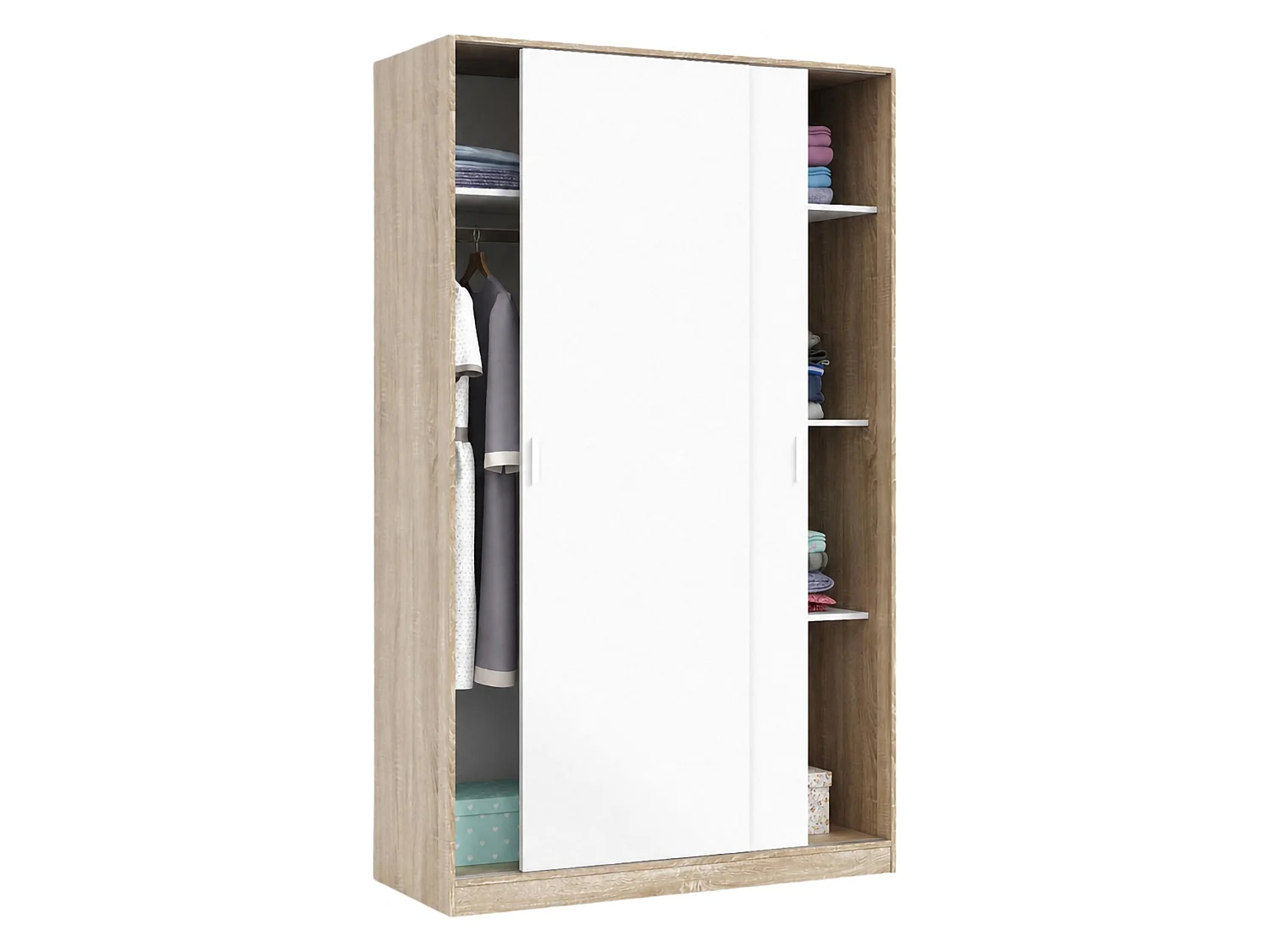Armoire Waterbury, Armoire de chambre avec 2 portes coulissantes, Armoire avec 3 étagères et tringle à vêtements, 120x50h200 cm, Chêne et Blanc