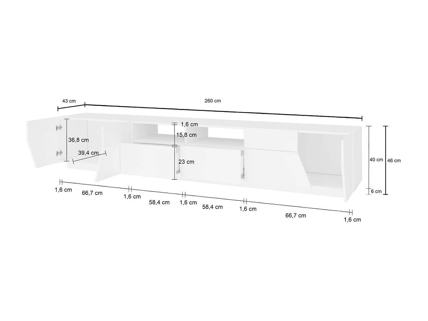 Mobile porta TV Gregorio, Credenza bassa da soggiorno a 4 ante, Base porta televisione, 100% Made in Italy, cm 260x43h46, Bianco lucido e Acero