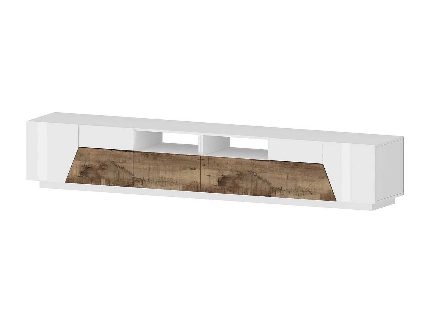 TV-Schrank Gregorio, niedriges Wohnzimmer-Sideboard mit 4 Türen, Fernsehständer-Basis, 100 % Made in Italy, 260 x 43 x 46 cm, glänzendes WeiÃŸ und Ahorn,