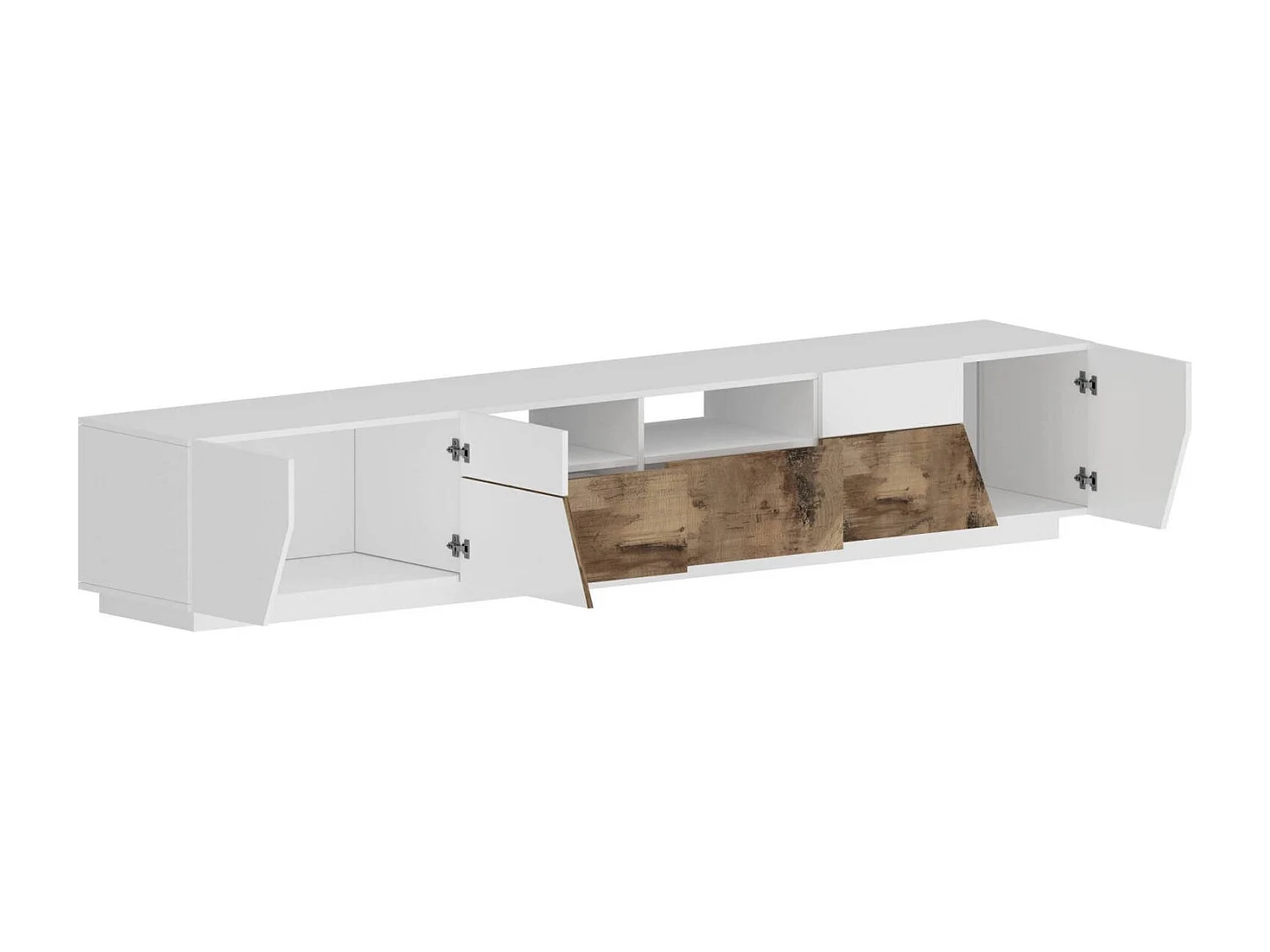 TV-Schrank Gregorio, niedriges Wohnzimmer-Sideboard mit 4 Türen, Fernsehständer-Basis, 100 % Made in Italy, 260 x 43 x 46 cm, glänzendes WeiÃŸ und Ahorn,