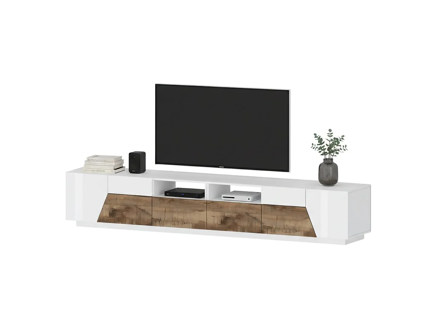 Gregorio Mueble TV, Aparador bajo de salón con 4 puertas, Base para mueble televisión, 100% Made in Italy, 260x43h46 cm, Blanco brillo y arce