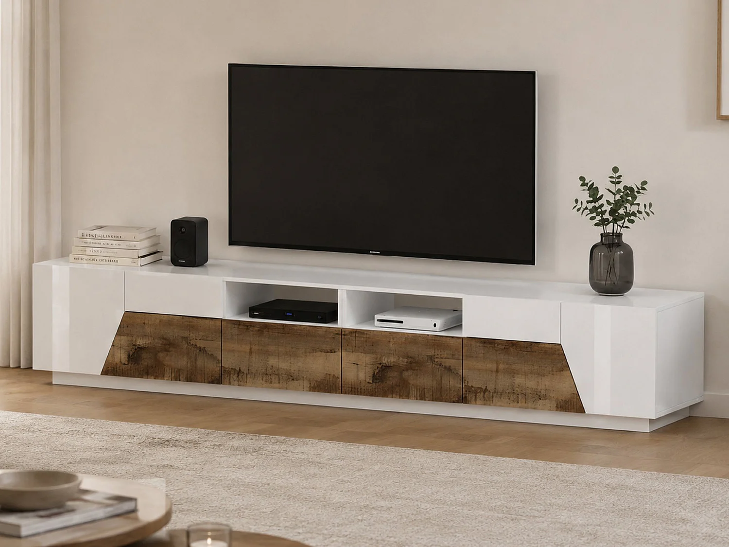 Gregorio Mueble TV, Aparador bajo de salón con 4 puertas, Base para mueble televisión, 100% Made in Italy, 260x43h46 cm, Blanco brillo y arce