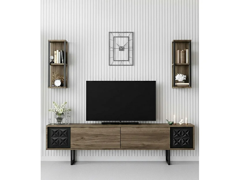 Meuble TV Kaus, Buffet de salon, Armoire basse pour TV, Base murale de rangement, 180x30h48 cm, Noyer et Noir