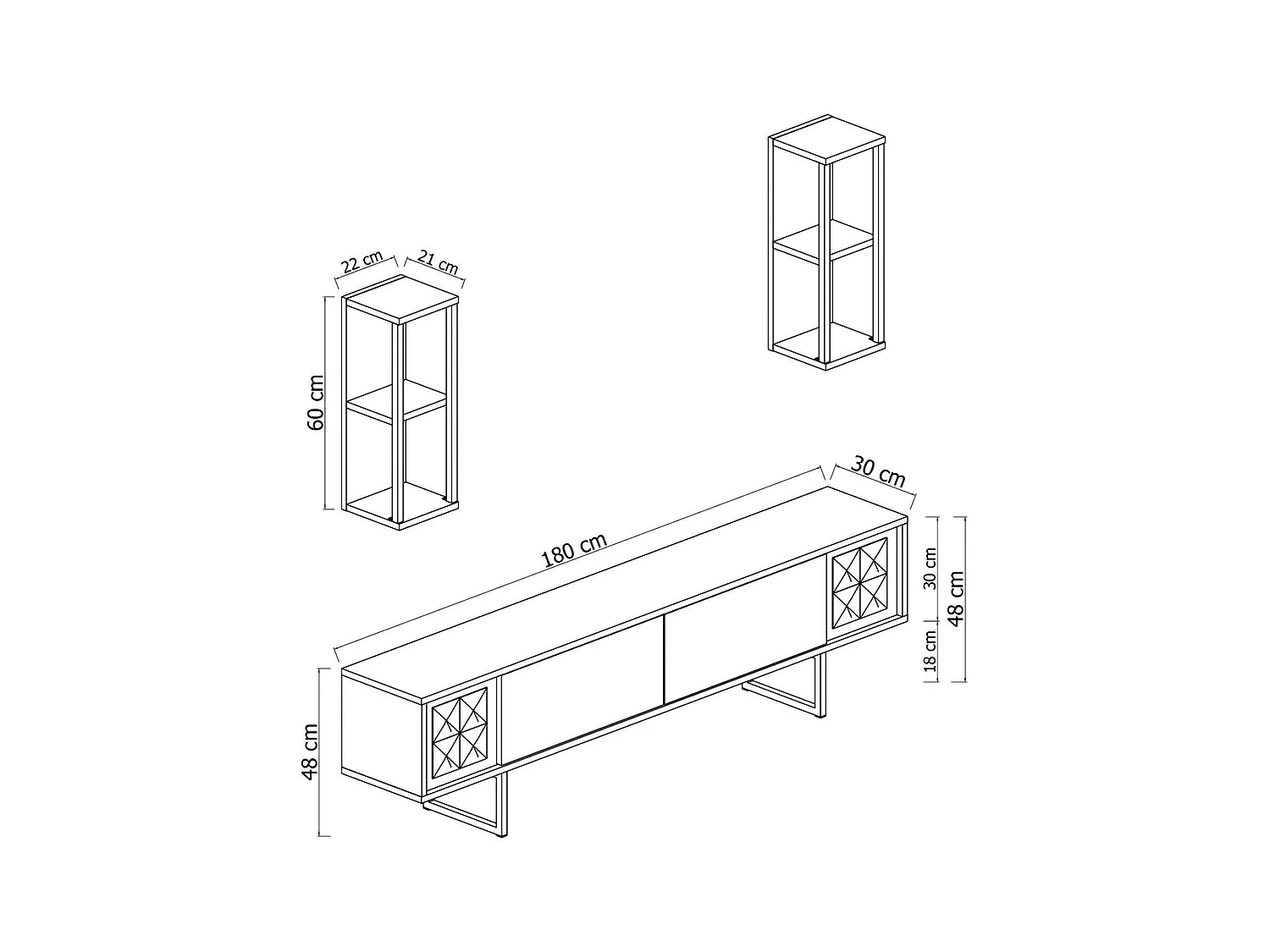 Fernsehschrank Dmiggian, Ständer für Wohnzimmerfernseher, Niedriges Wohnzimmer-Sideboard, TV-Ständerbasis, 180x30h48 cm, Walnuss und Schwarz