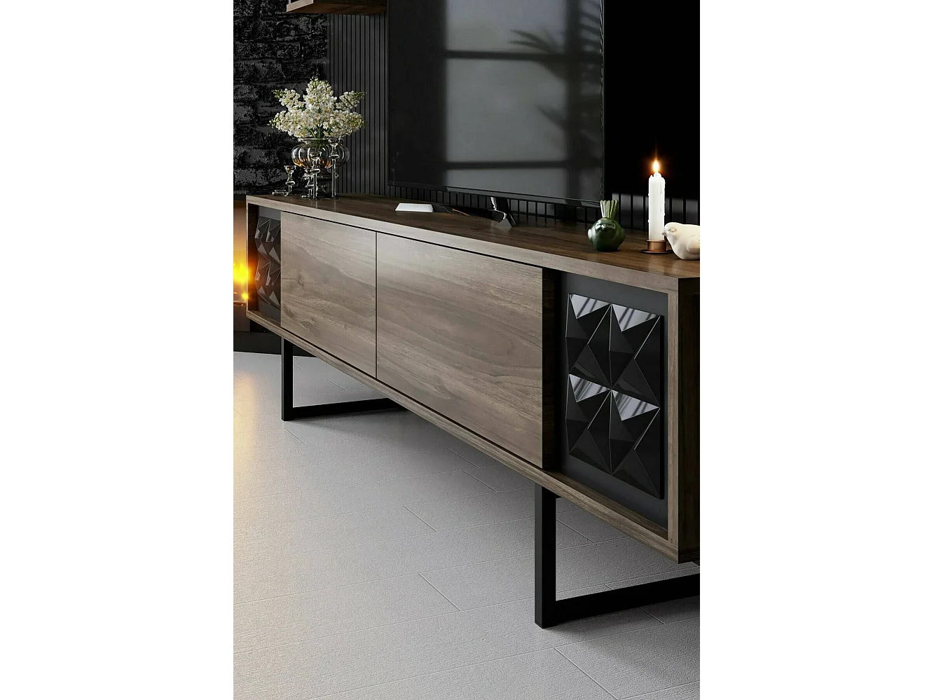 Fernsehschrank Dmiggian, Ständer für Wohnzimmerfernseher, Niedriges Wohnzimmer-Sideboard, TV-Ständerbasis, 180x30h48 cm, Walnuss und Schwarz