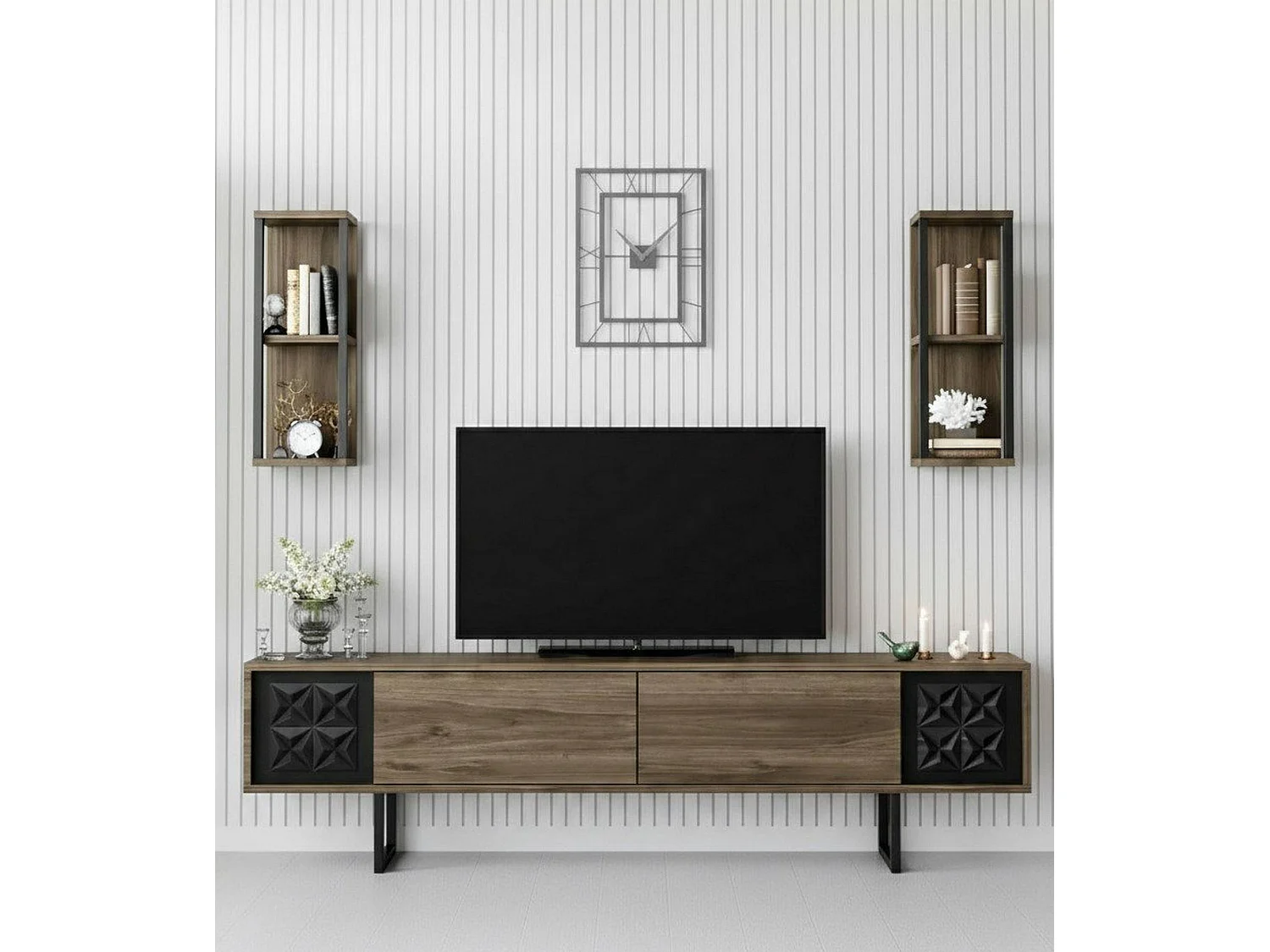 Fernsehschrank Dmiggian, Ständer für Wohnzimmerfernseher, Niedriges Wohnzimmer-Sideboard, TV-Ständerbasis, 180x30h48 cm, Walnuss und Schwarz