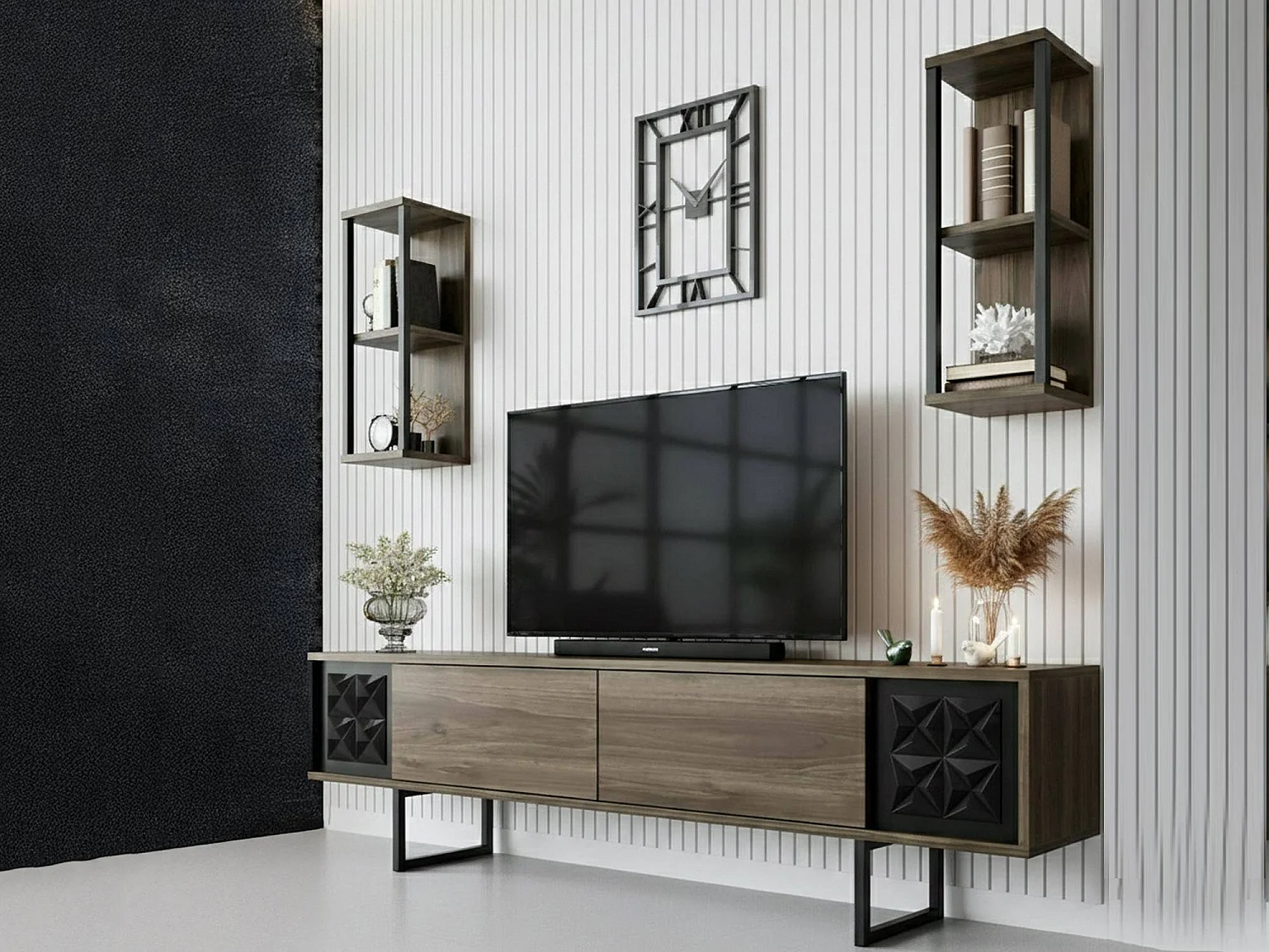 Fernsehschrank Dmiggian, Ständer für Wohnzimmerfernseher, Niedriges Wohnzimmer-Sideboard, TV-Ständerbasis, 180x30h48 cm, Walnuss und Schwarz