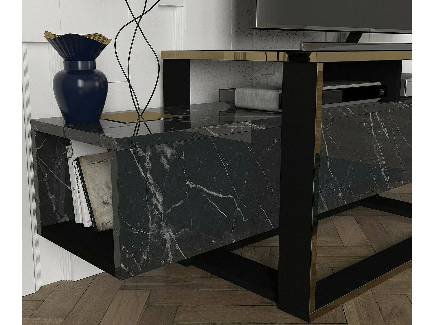 Meuble TV Callisto, Buffet de salon, Armoire basse pour TV, Base murale de rangement, 160x46h50 cm, Noir et Or