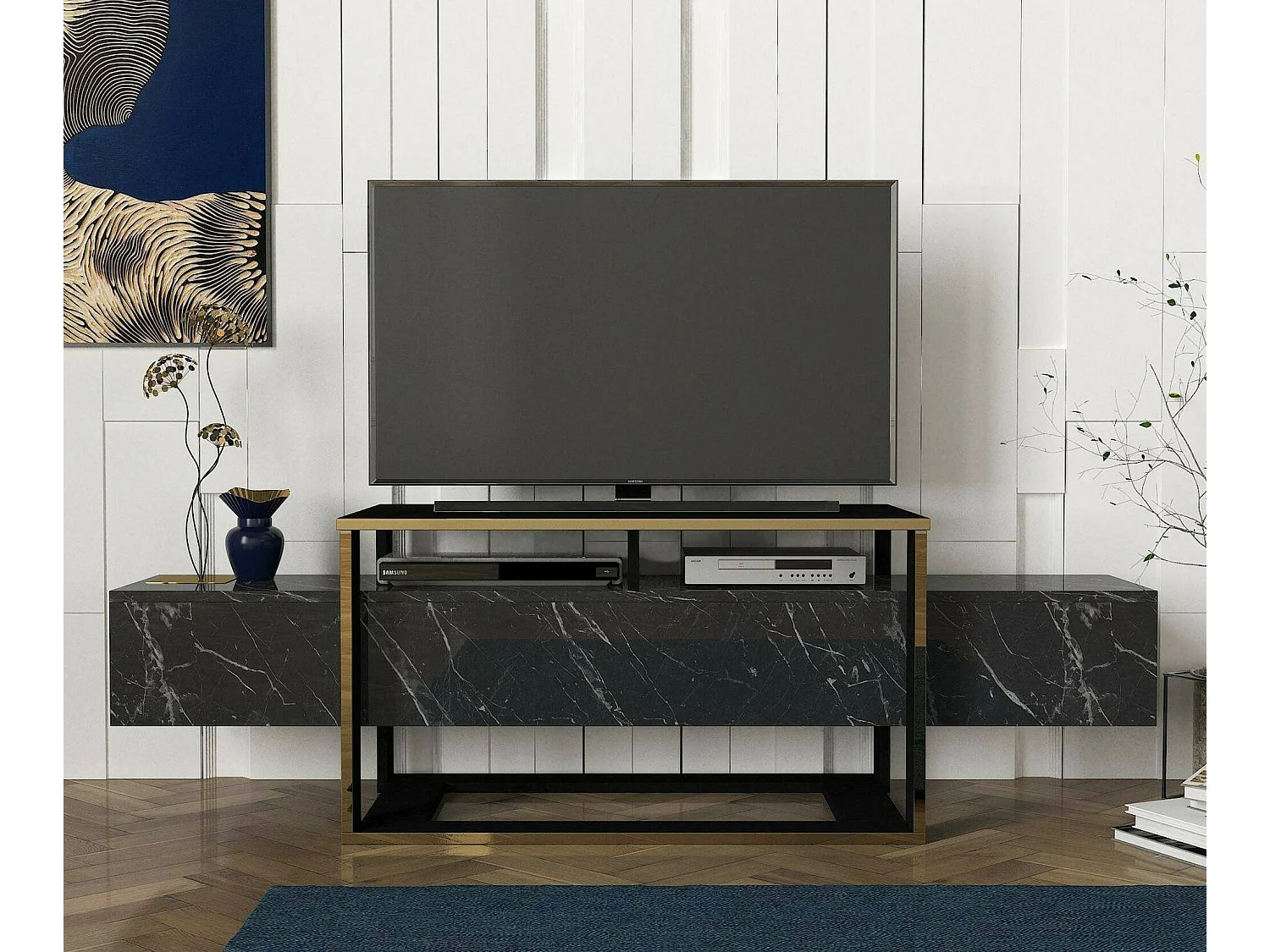 Fernsehschrank Dgiacint, Ständer für Wohnzimmerfernseher, Niedriges Wohnzimmer-Sideboard, TV-Ständerbasis, 160x46h50 cm, Schwarz und Gold