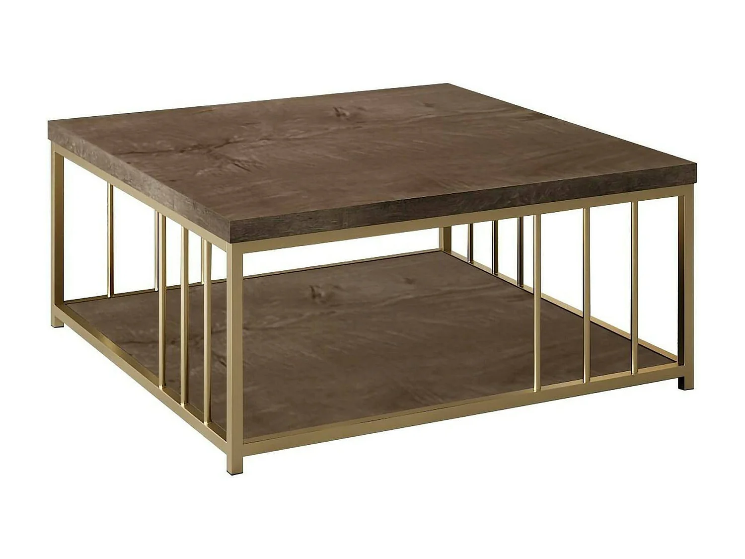Table basse Ankaa, Table basse, Porte-revues pour canapé, Etagère de salon, 90x90h40 cm, Noyer et Or